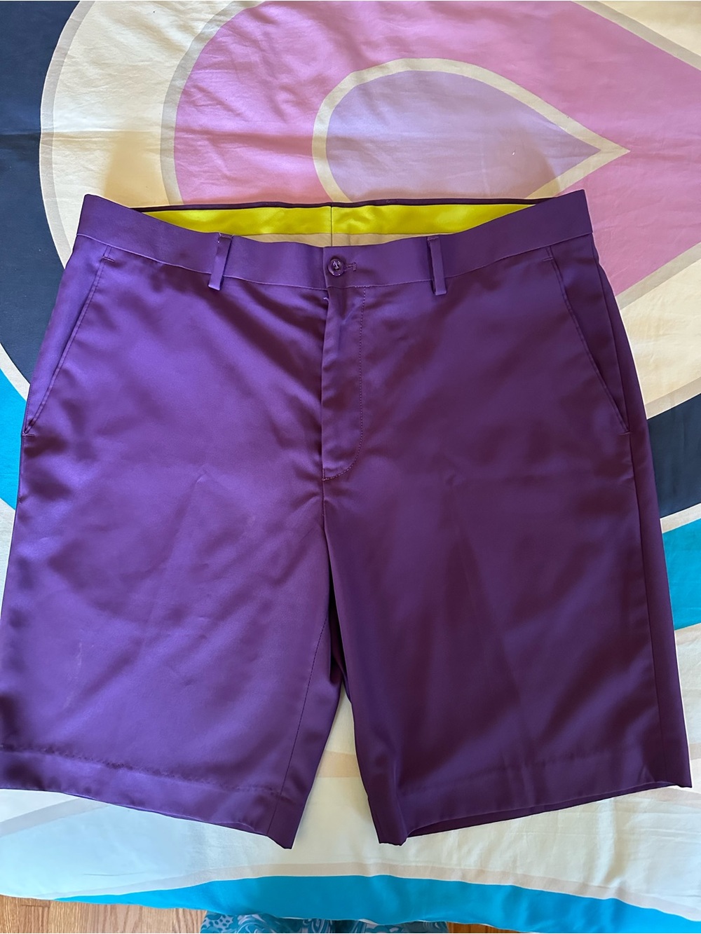 Louis Raphael Purple Men's Flat-Front Shorts with Yellow Waistband